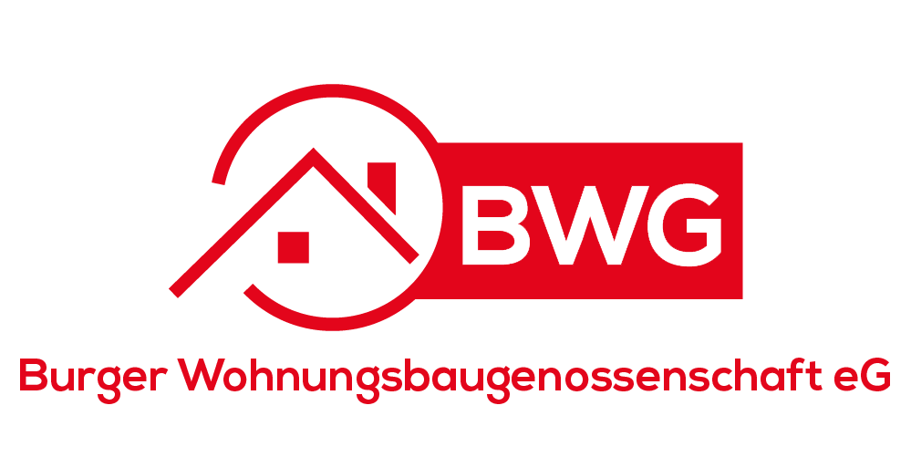 Logo der Burger Wohnungsbaugenossenschaft eG in Rot mit stilisiertem Hausdach und den Buchstaben BWG