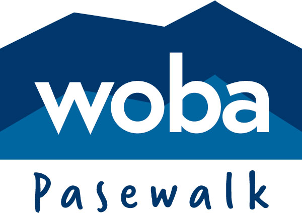 Logo der Woba Pasewalk in Blautönen mit stilisierten Dachformen und Schriftzug „woba Pasewalk“