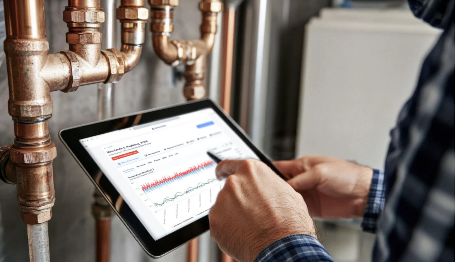 Person überprüft auf einem Tablet Daten und Diagramme vor Rohrleitungen in einem Technikraum.“