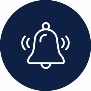 Symbol einer klingelnden Glocke mit Schwinglinien an den Seiten auf dunkelblauem Kreis-Hintergrund.