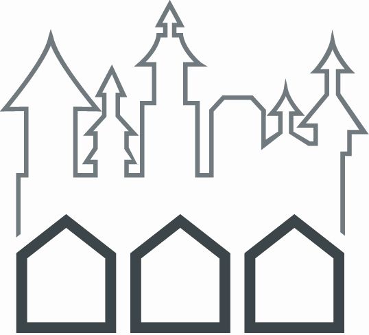 Grafische Illustration mit stilisierten Haus- und Gebäudekonturen in verschiedenen Höhen, symbolisch für eine Stadt- oder Skyline.